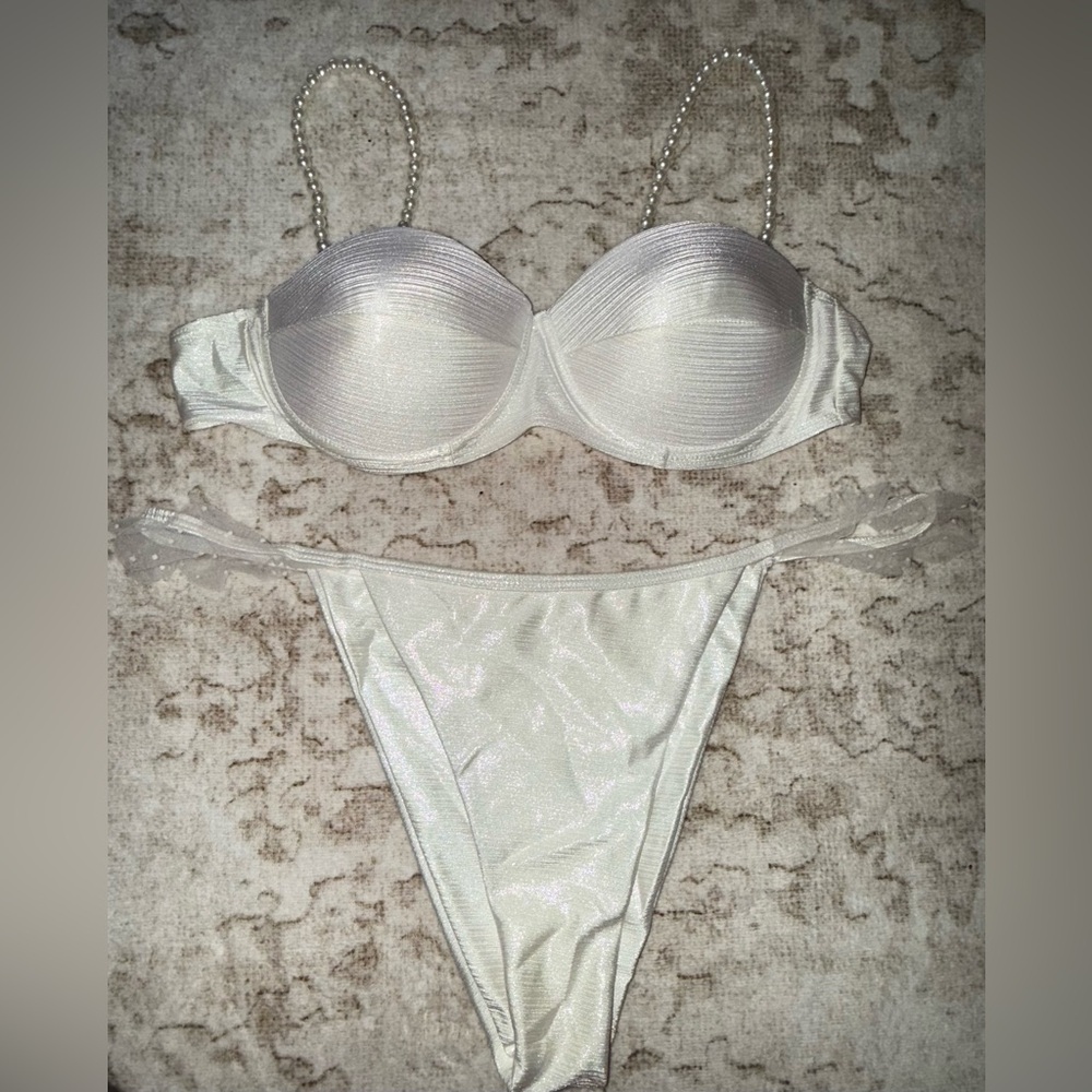 Elegant White Bikini with Pearl Straps and sarong cover up